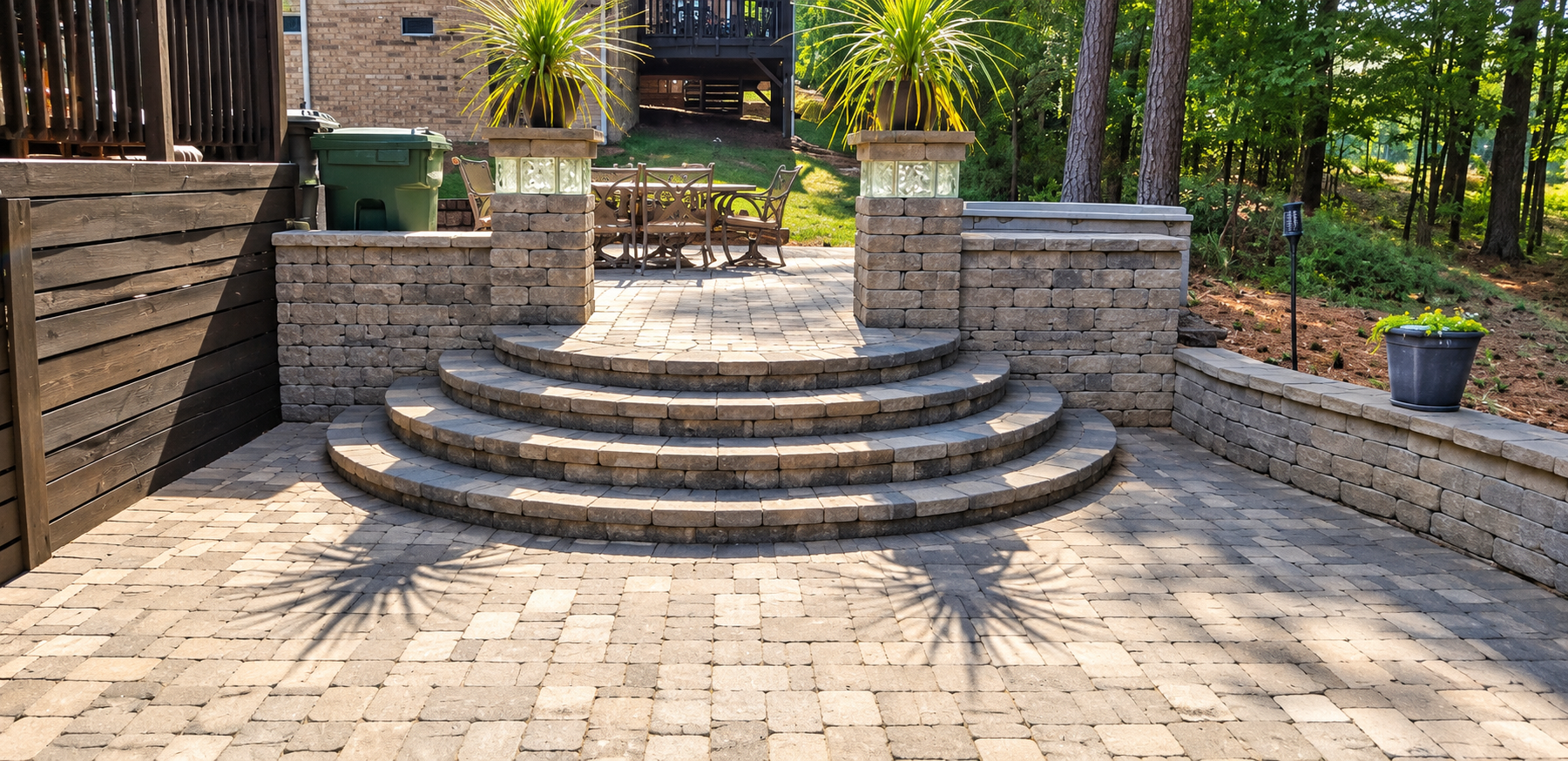 Curved stone steps leading to a wooden deck and patio in a wooded backyard