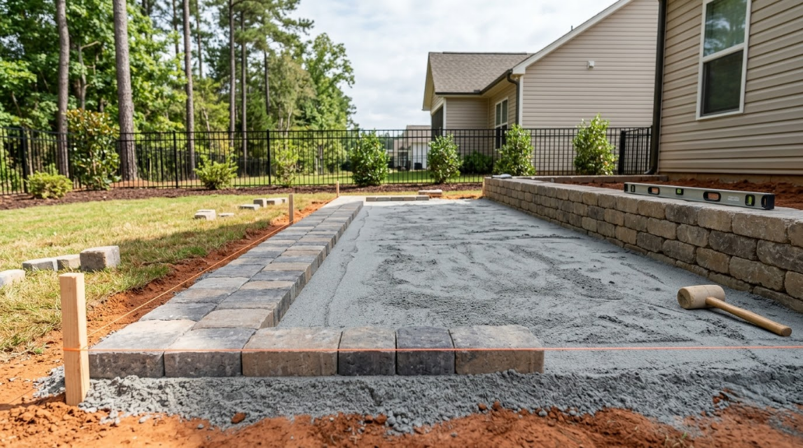 Brick patio under construction beside a house, with gravel base, retaining wall, and tools on site