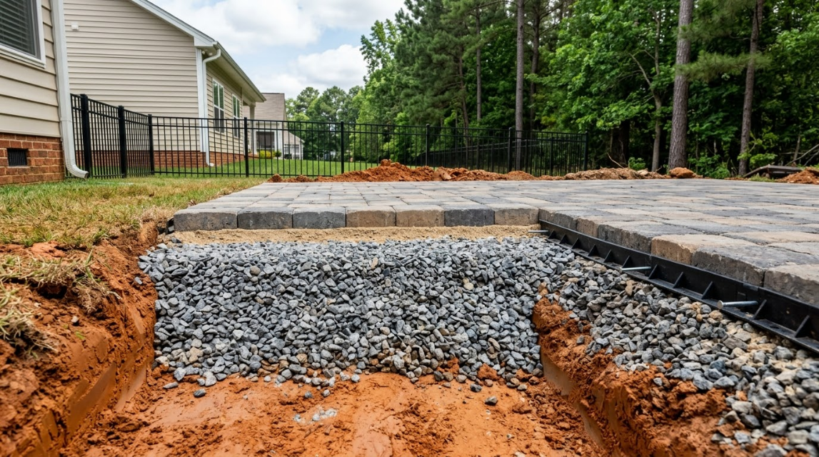 Stone patio under construction beside a house, with gravel base and exposed soil in a backyard.