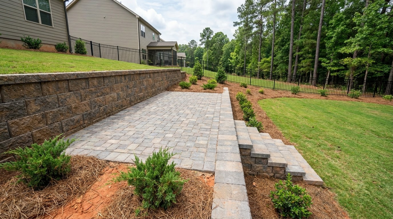 Stone-paver patio beside a retaining wall, with steps down to a grassy backyard and trees beyond.