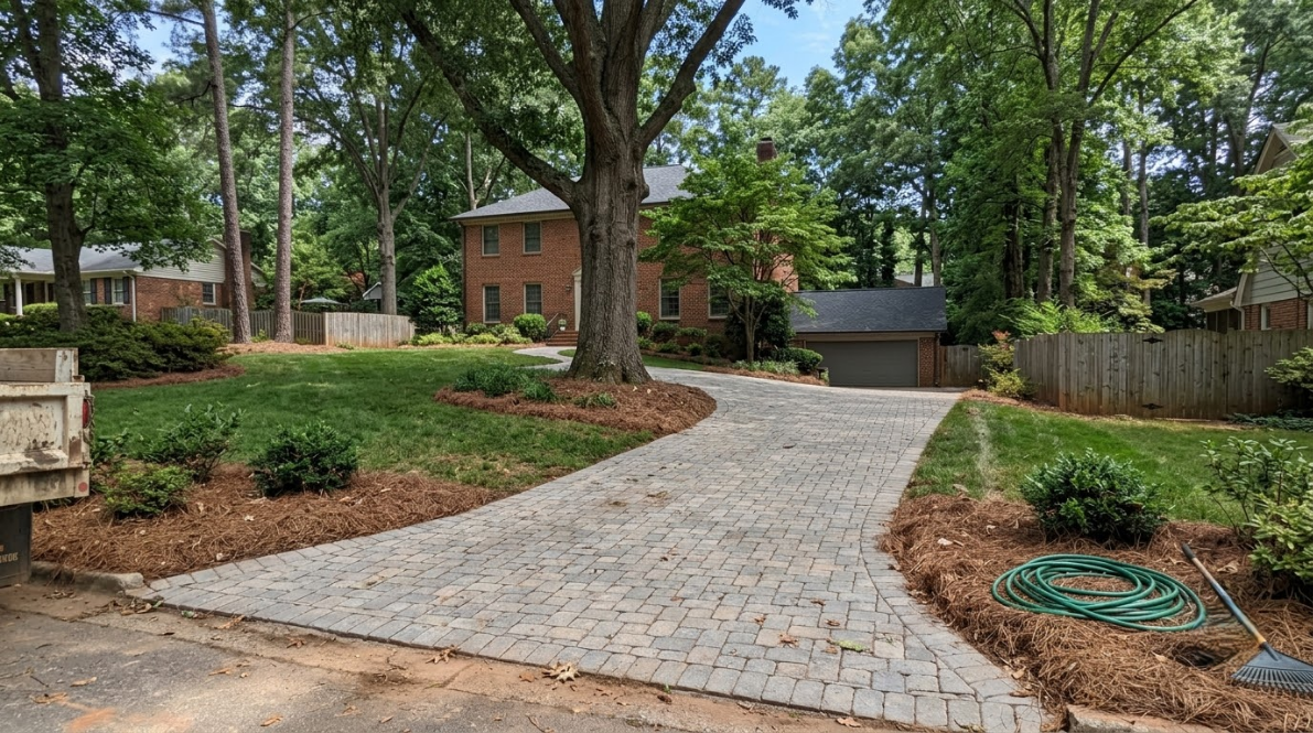 Curved brick walkway through a wooded garden leading to a brick house and fence