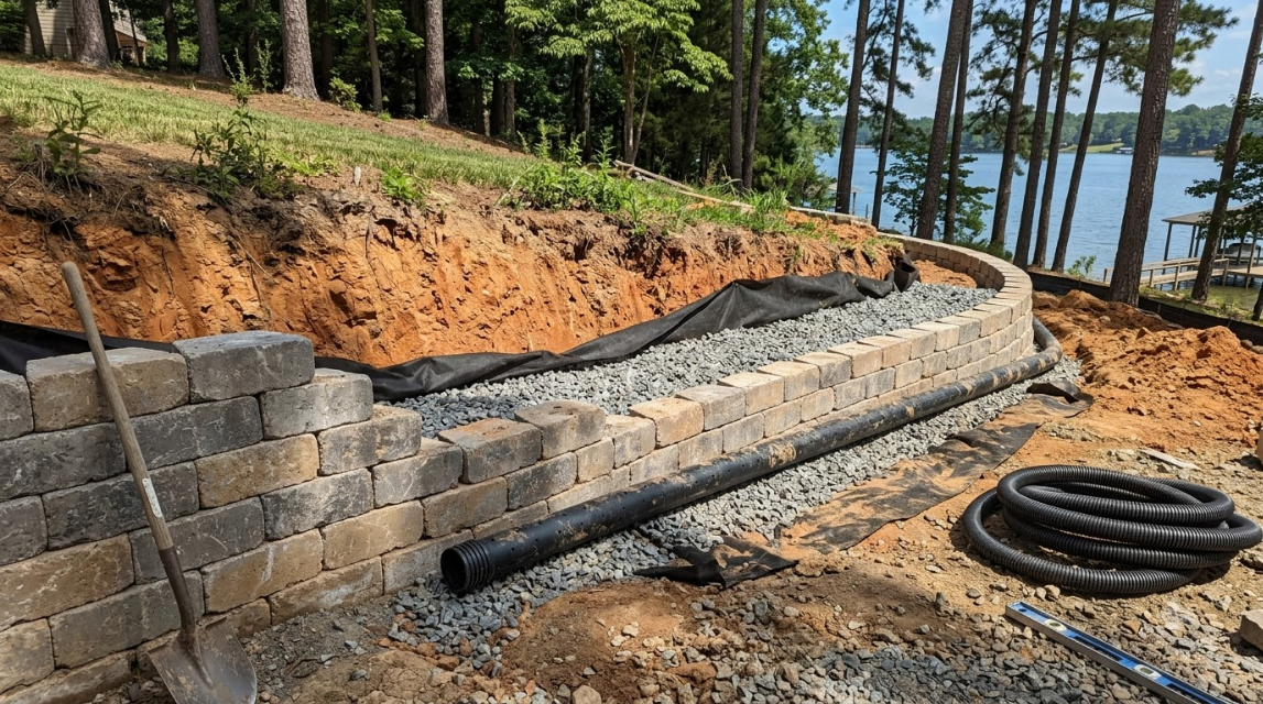 Stone retaining wall under construction on a wooded hillside, with drainage pipe and coiled tubing nearby.