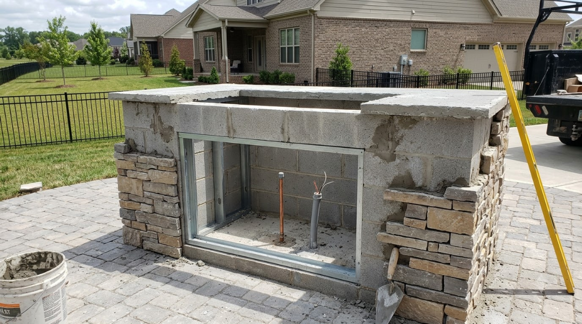 Outdoor stone outdoor kitchen island under construction in a backyard with a concrete countertop.