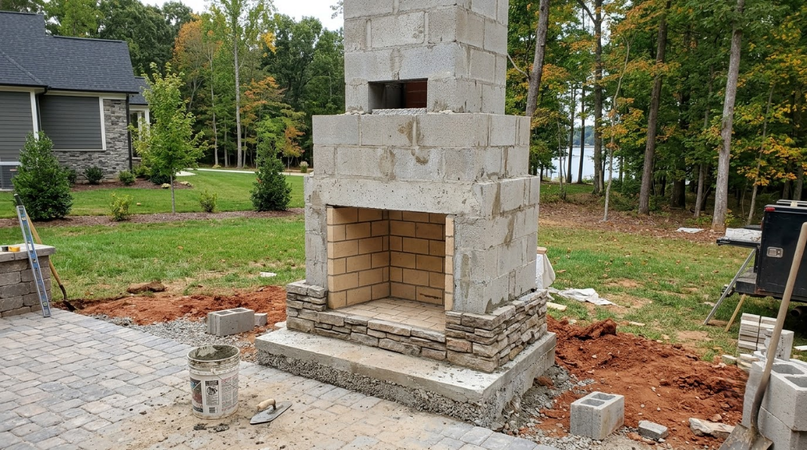 Stone outdoor fireplace under construction in a yard, with brick firebox and surrounding dirt and pavers