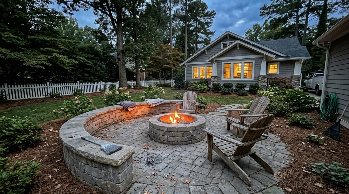 Backyard stone fire pit with Adirondack chairs beside a lit cottage at dusk