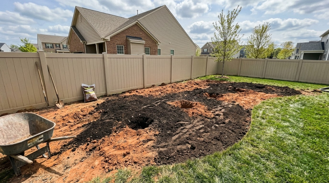 Backyard with a large charred, dirt-filled patch near a fence and a wheelbarrow in the foreground