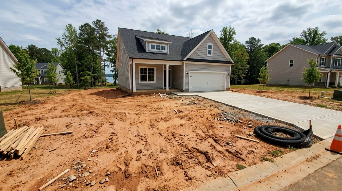 New house with unfinished dirt yard and driveway under construction