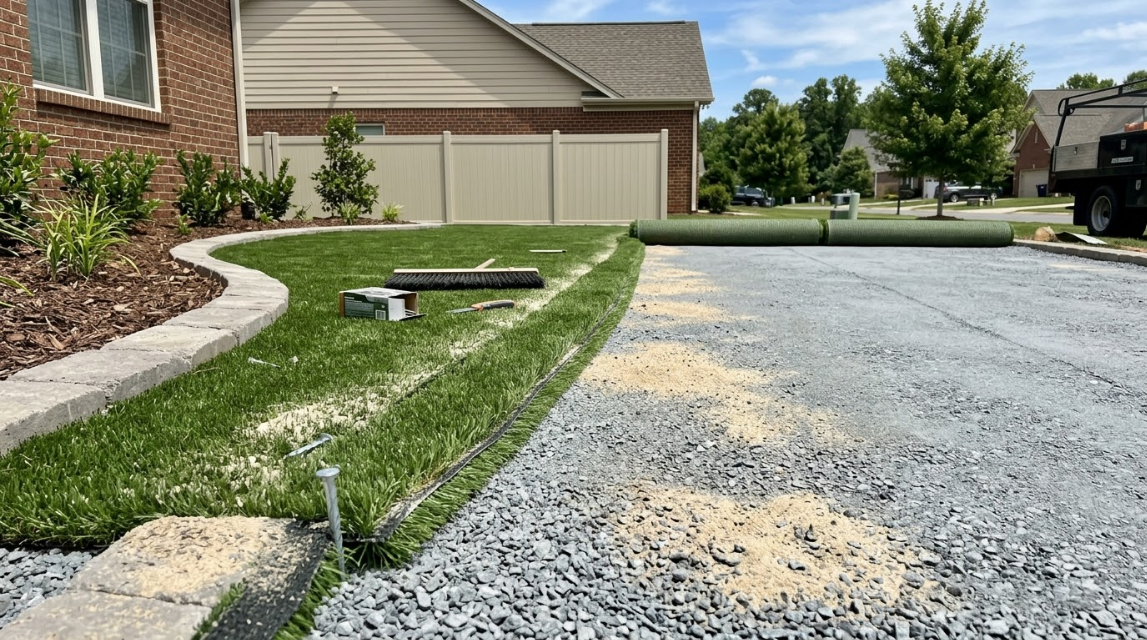 Suburban driveway with fresh gravel patches and a brick house in the background