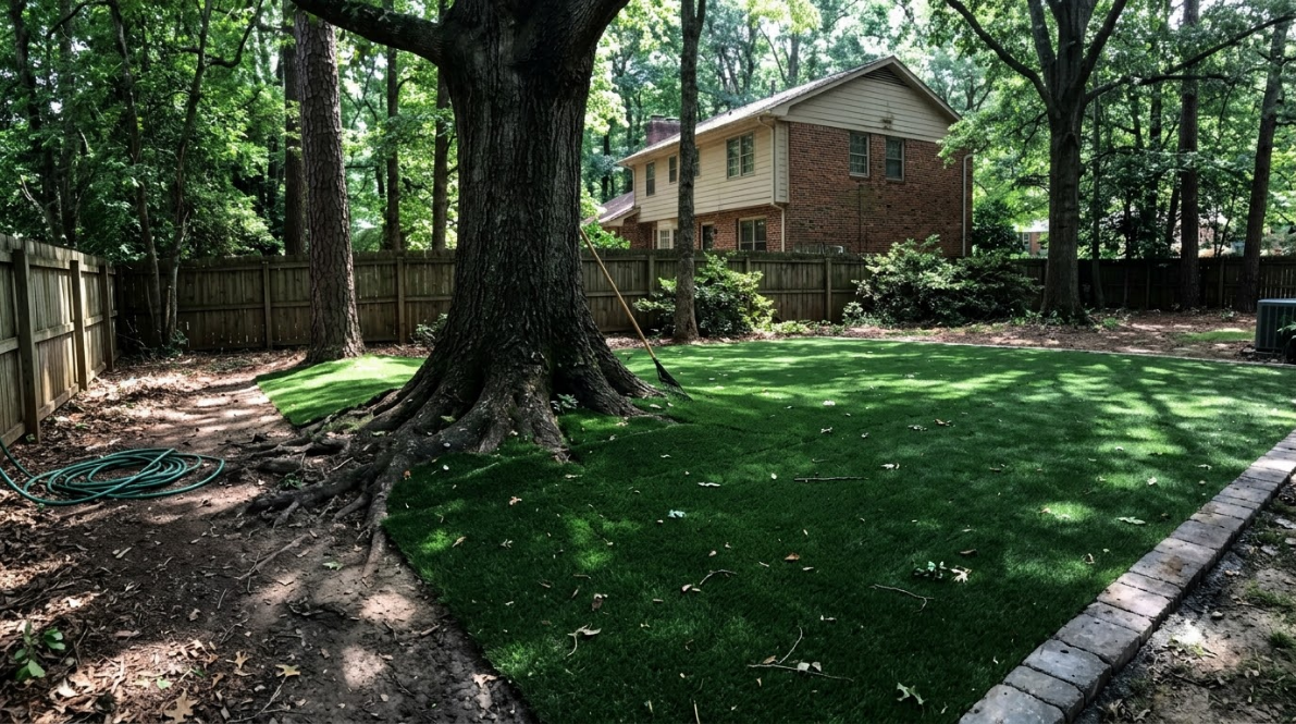 Shaded backyard with a large tree, green lawn, fence, and a house in the background.