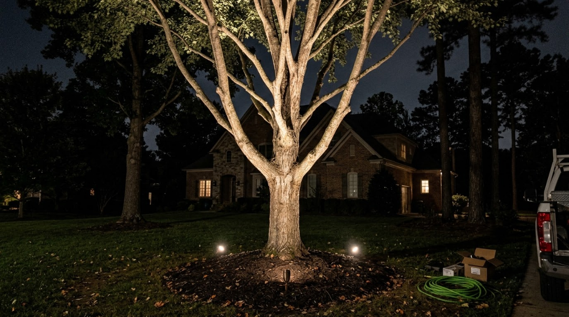 Nighttime view of a lit house and large tree, with garden lights and a parked vehicle on the right