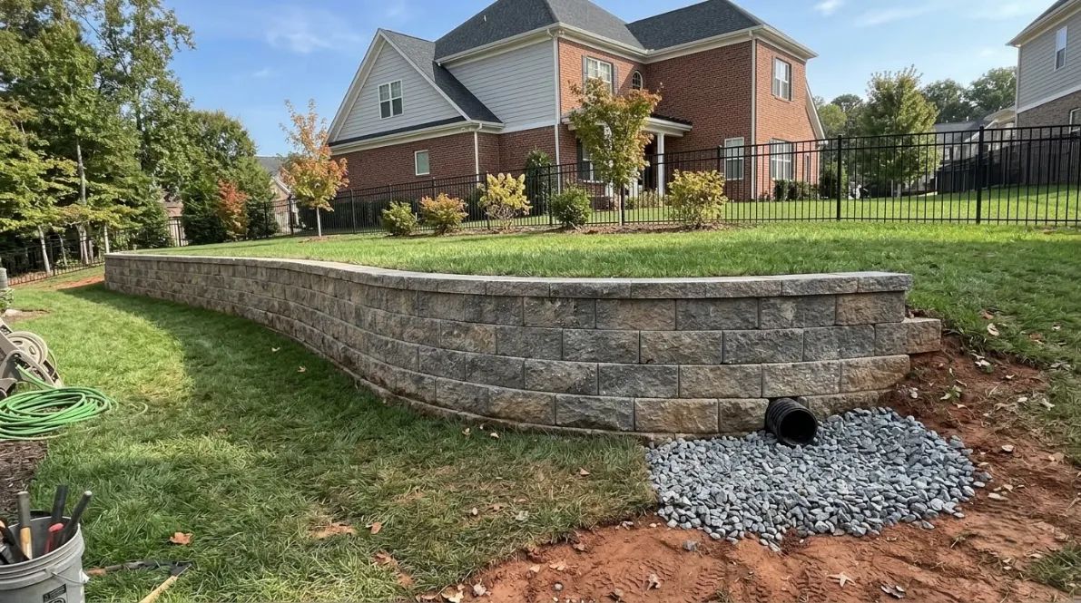 Brick house with landscaped yard and stone retaining wall