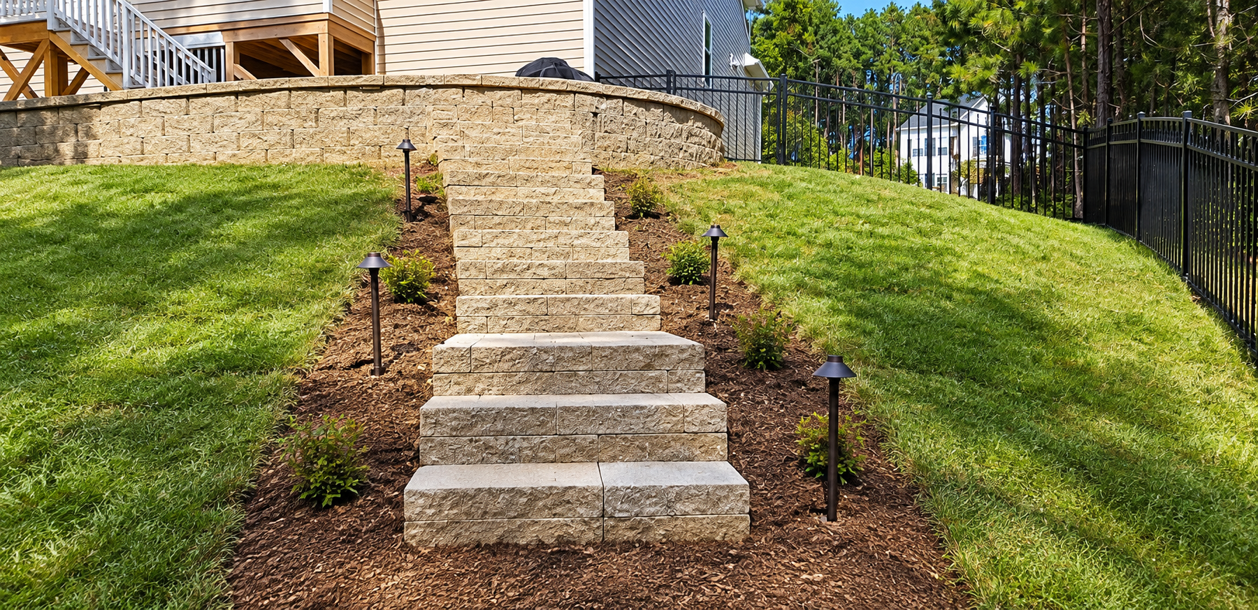 Stone steps up a grassy slope to a house, bordered by mulch beds and young shrubs