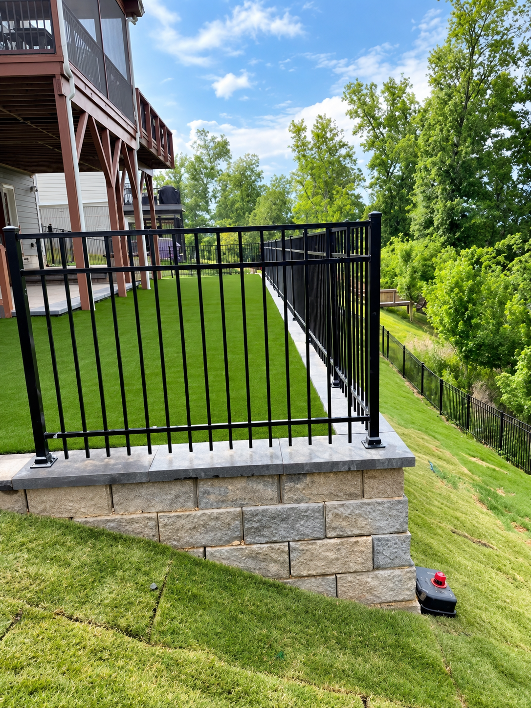 Black metal railing by a stone patio overlooking a grassy slope and trees under a blue sky