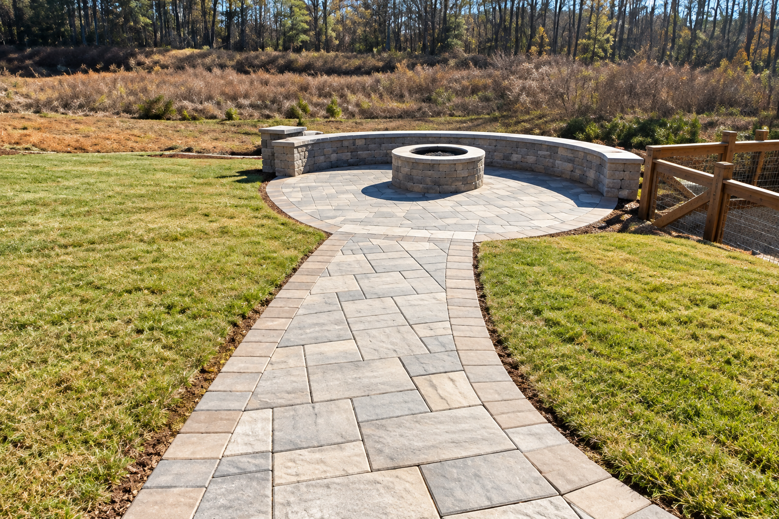 Stone patio with a circular fire pit, bordered by grass and a wooden fence in a backyard.