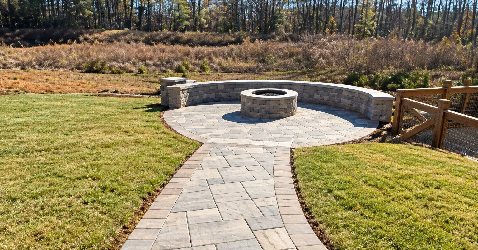 Stone patio path leading to a circular fire pit and curved seating wall in a grassy backyard