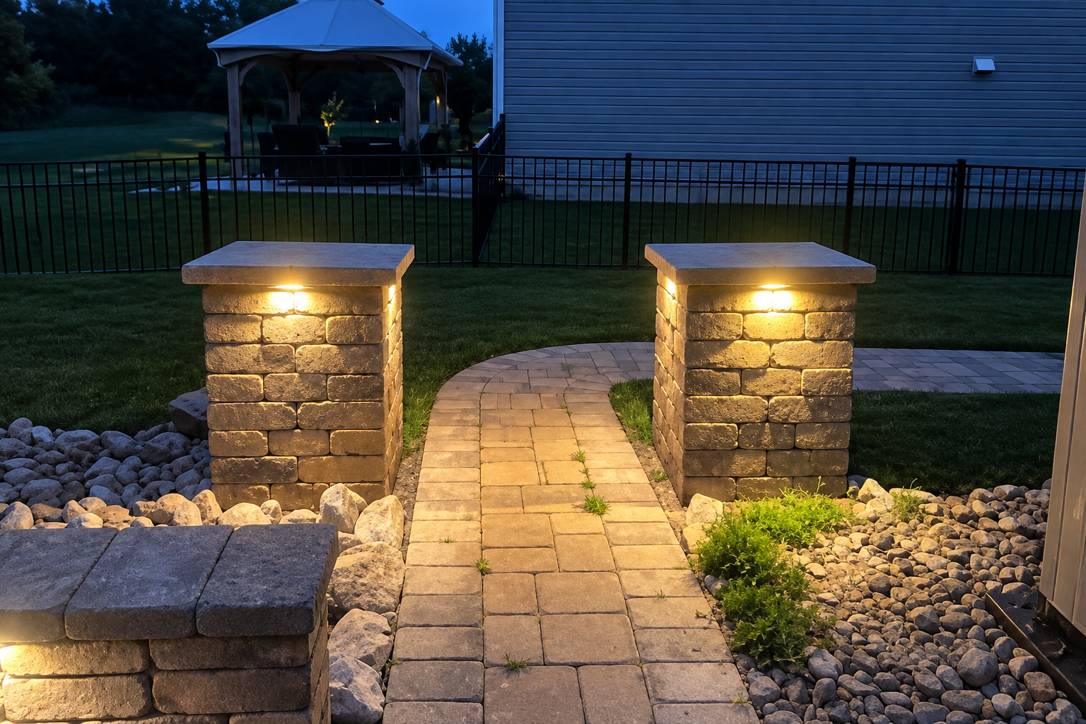 Lit stone walkway with two illuminated pillars leading to a fenced yard at dusk