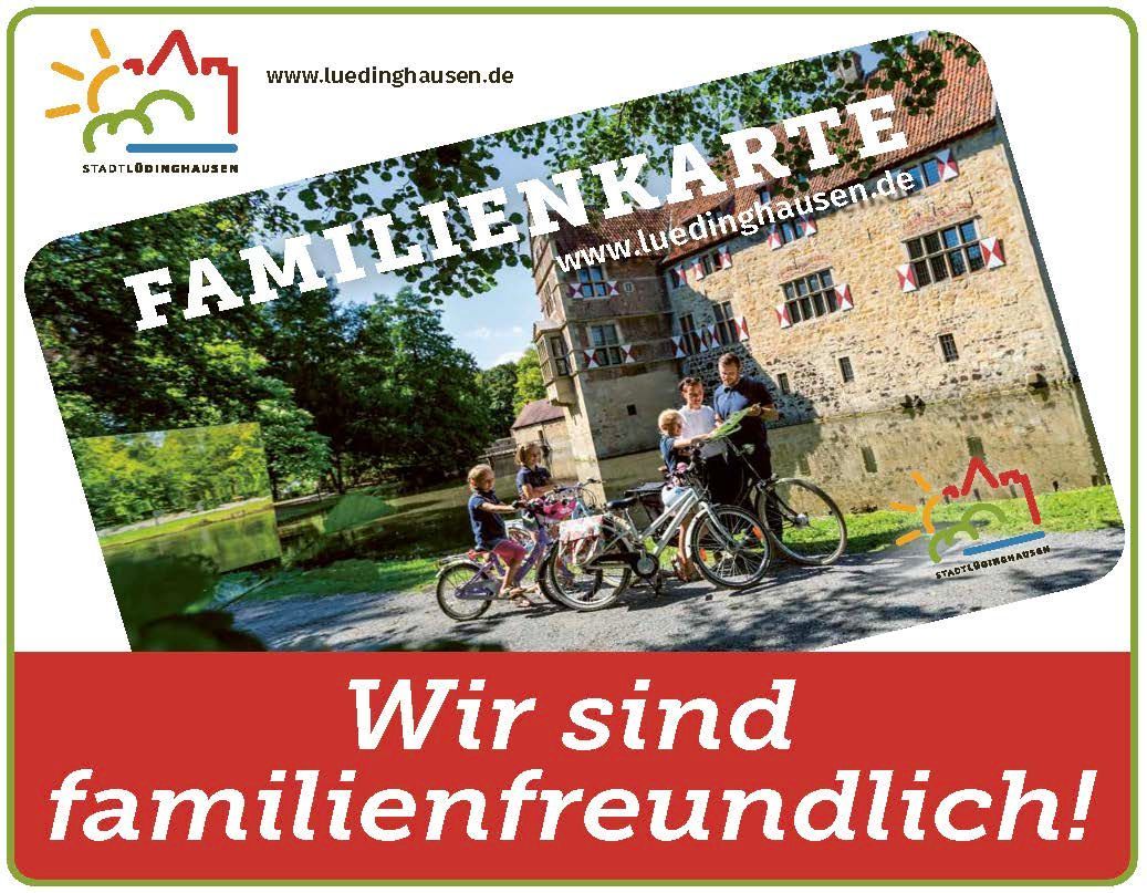 Eine Karte mit dem Bild einer Familie auf Fahrrädern und den Worten „wir sind familienfreundlich“