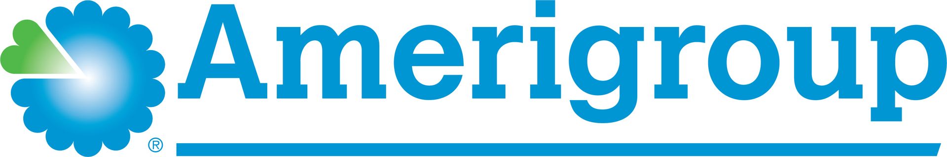 Amerigroup logo with blue wordmark and green-blue flower icon on white background
