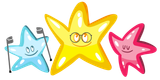 Three smiling star characters: blue, yellow, and pink, with small flags against a white background