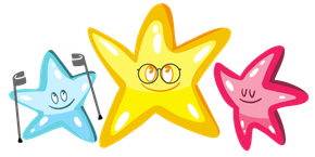 Three smiling star characters: blue, yellow, and pink, with small flags against a white background