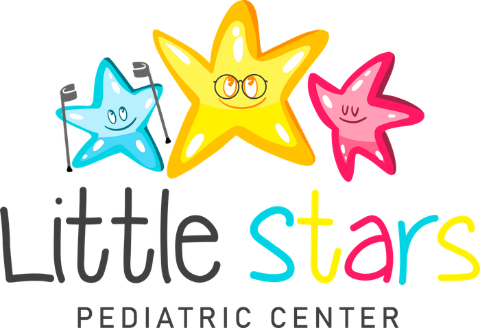 Little Stars Pediatric Center logo with three smiling star characters in blue, yellow, and pink