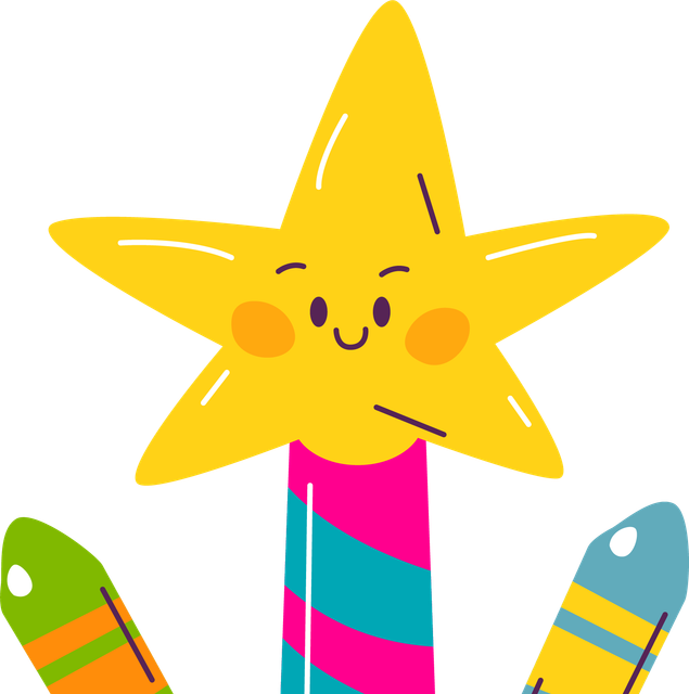 Smiling yellow star with rosy cheeks and striped sticks in bright cartoon style