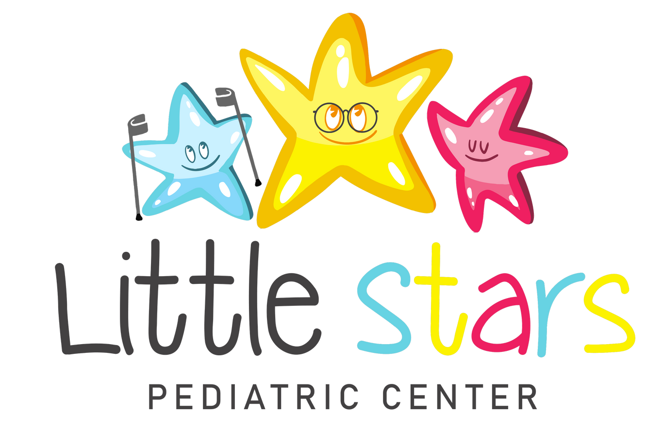 Logo for Little Stars Pediatric Center with three smiling star characters in blue, yellow, and pink
