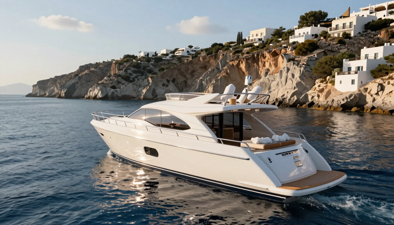 Photorealistic private yacht cruising through calm Aegean waters near Greek islands, wellness travel atmosphere, soft morning sunlight, luxury details, high quality detail