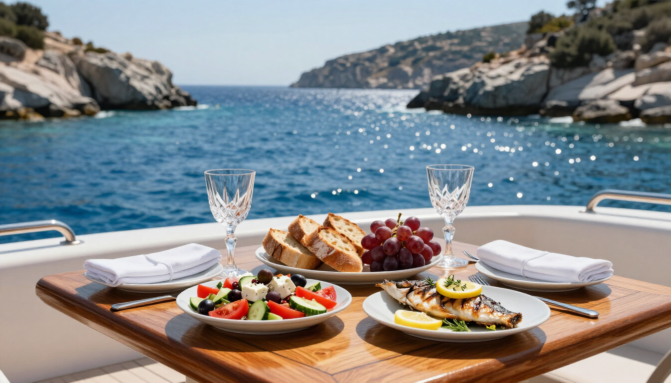Photorealistic healthy Mediterranean lunch served on a private yacht deck overlooking a secluded Greek bay, colorful seasonal ingredients, elegant table setting, warm natural light, high quality detail