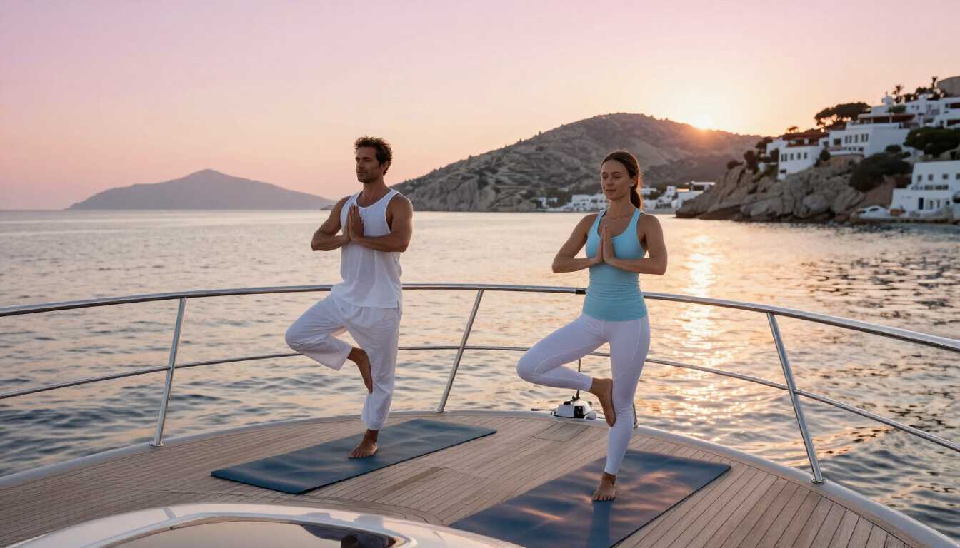 Photorealistic couple practicing gentle yoga on the deck of a luxury yacht anchored beside a Greek island, sunrise, calm sea, elegant wellness retreat, high quality detail