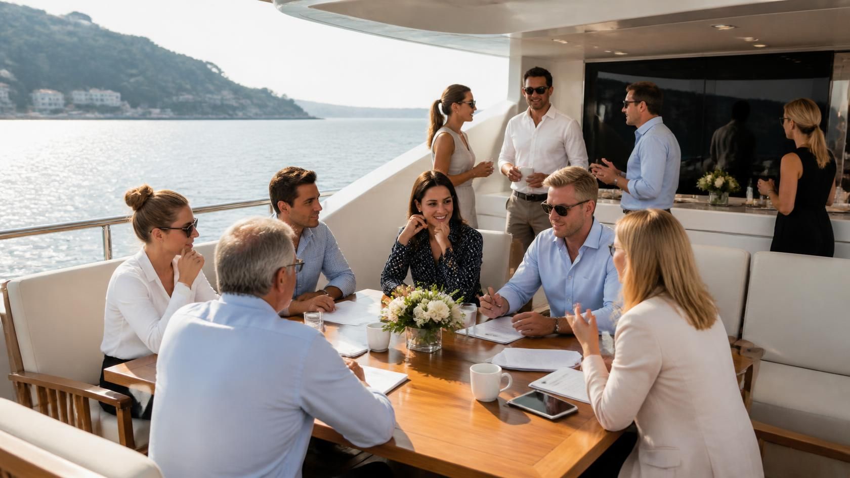 Corporate team building wellness retreat on a luxury charter yacht deck in Greece