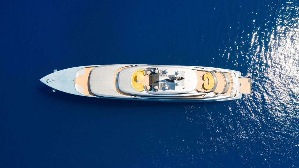 Luxury yacht charter in Greece viewed from above on blue sea