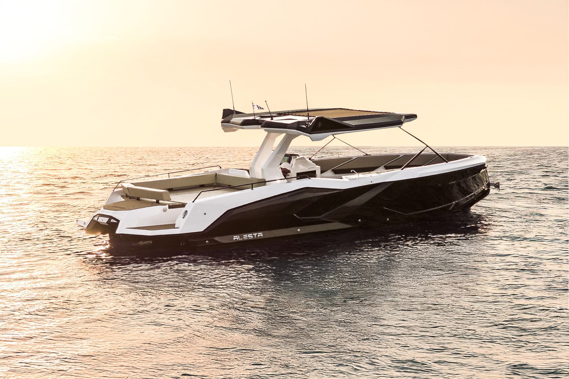 Luxury Raptor yacht charter in Milos, Greece at sunset