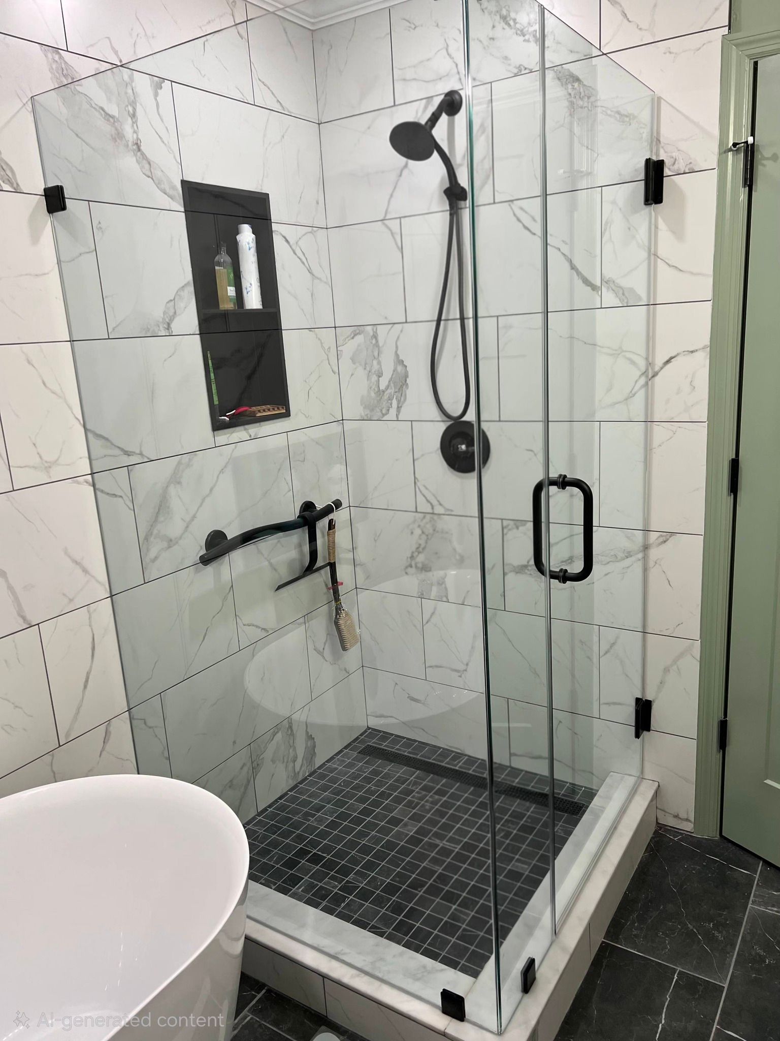 A glass shower enclosure with black hardware, white marbled walls, and a black tiled floor in a modern bathroom.