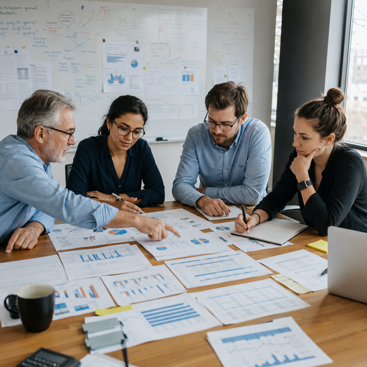 Research team reviews charts, tables, and notes from a website and AI search study.