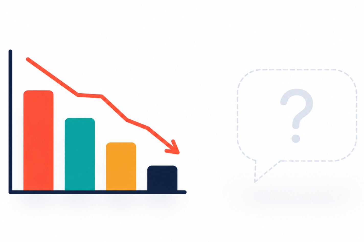 Downward search ranking chart next to a faded chat bubble with a question mark, representing declining search visibility and absence from AI answers.