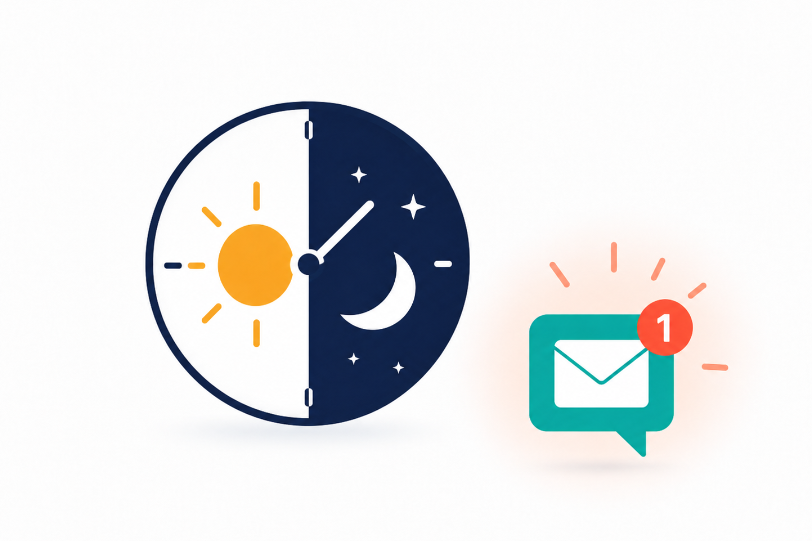 Day and night clock icon with a glowing notification, representing inquiries arriving around the clock while business owners are busy elsewhere.