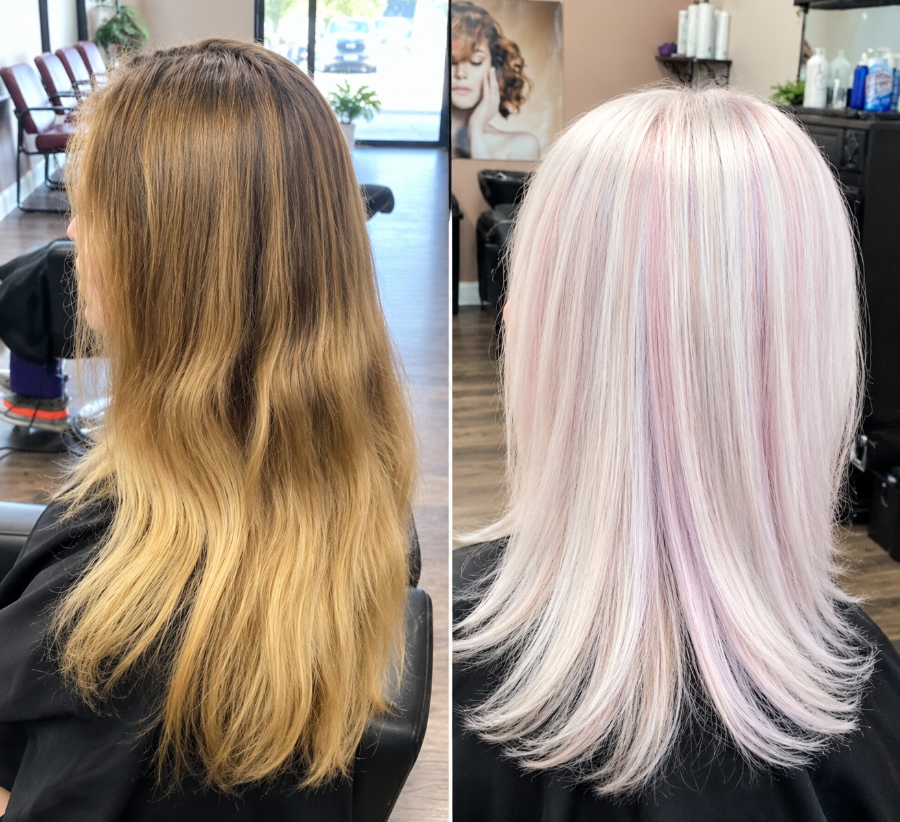 Before-and-after hair color transformation: long blonde hair changed to platinum white with pastel pink streaks