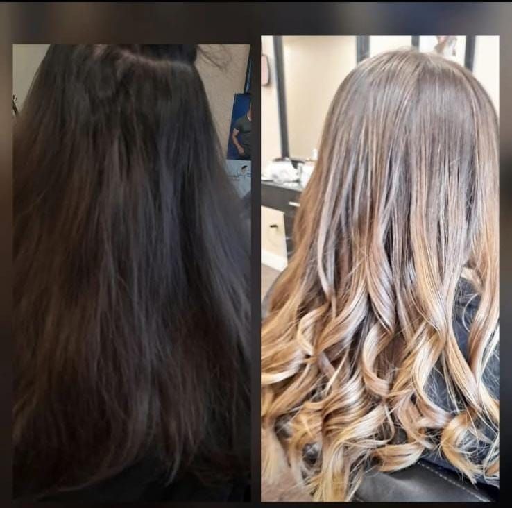 Hair transformation: long dark hair before and blonde, curled highlights after.