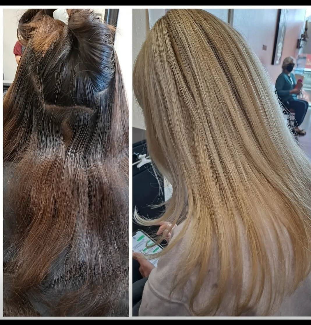 Before-and-after hair transformation: dark roots changed to long, straight blonde hair.