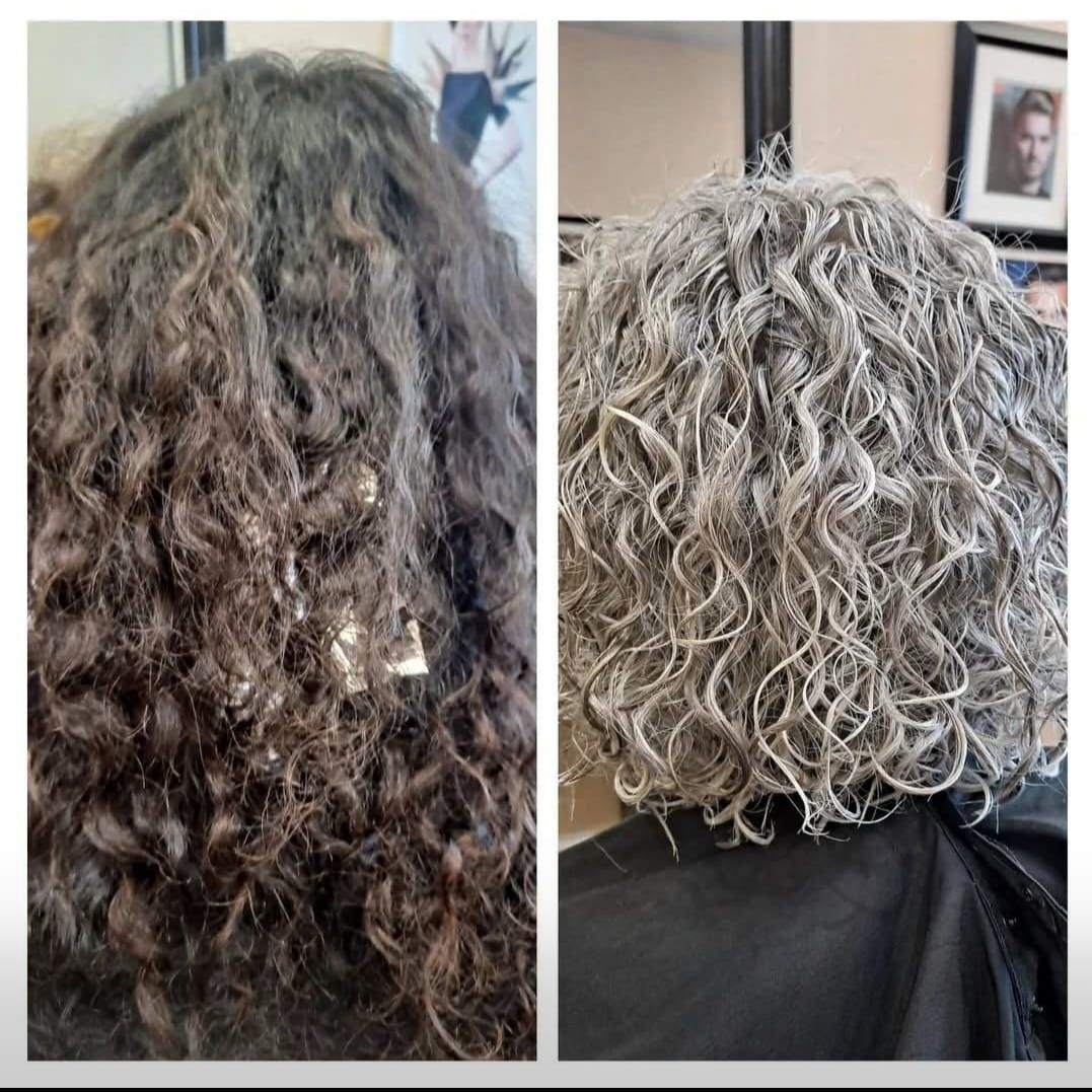 Side-by-side hair transformation: dark curly hair to short silver-gray curls from the back