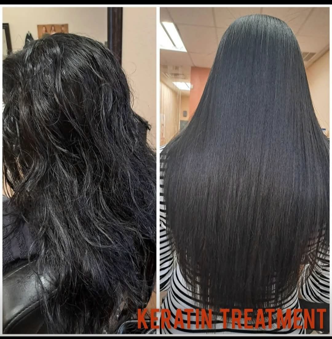 Hair salon before-and-after: foil highlights on the left, smooth layered cut on the right