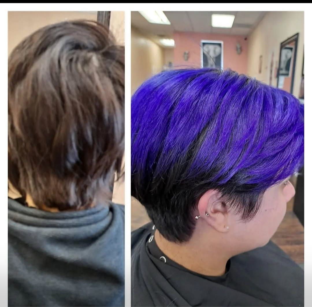 Side-by-side hair transformation: brown layered cut to vibrant purple undercut in a salon.
