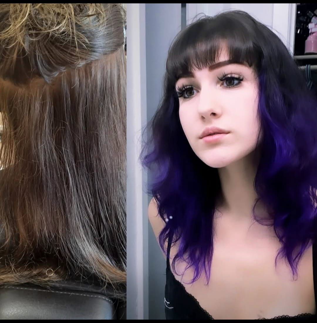 Hair color transformation collage: brown hair from behind and front view with black and purple waves
