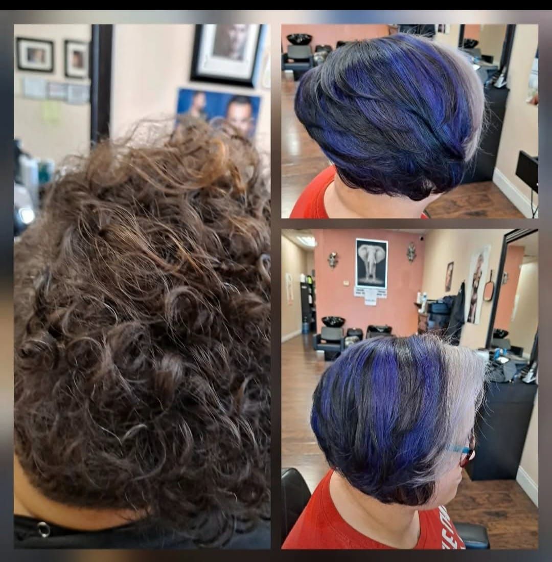 Before-and-after salon hairstyle: curly brown hair transformed into sleek blue-purple bob from back view