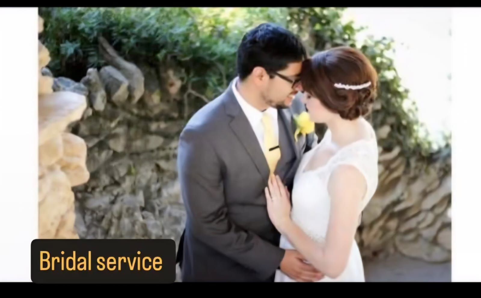 Bride and groom embracing outdoors, with “Bridal service” text in the corner