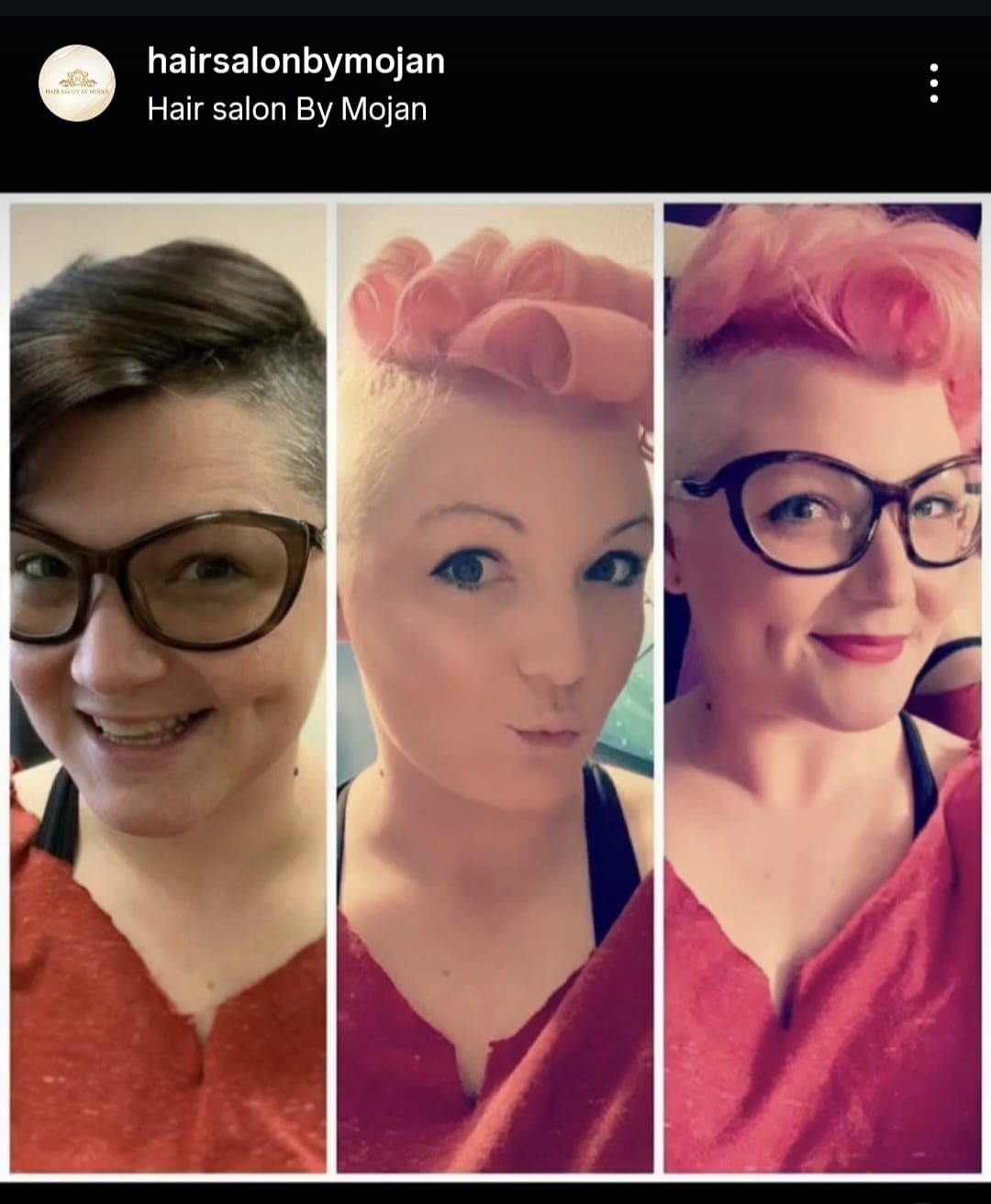 Three side-by-side selfies of the same person with different short pink hairstyles and glasses