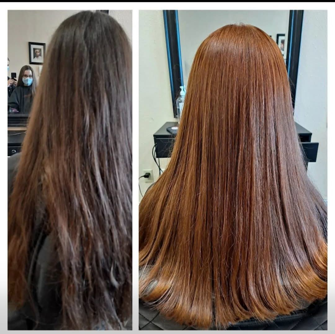 Hair before-and-after comparison: dull brown hair left, smooth shiny auburn hair right.