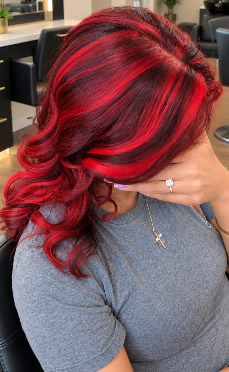 Side view of long red-and-black highlighted curls in a salon chair, styled with loose waves