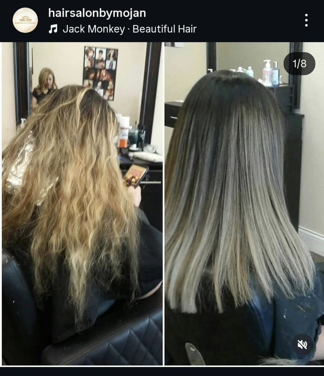 Split-screen salon hair makeover: frizzy blonde hair transformed into smooth, straight silver-gray hair